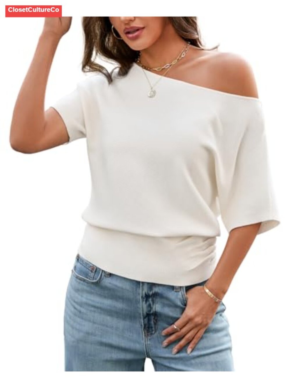 Off Shoulder Batwing Sleeve Knit Top Ruched Cinched Waist Going Out